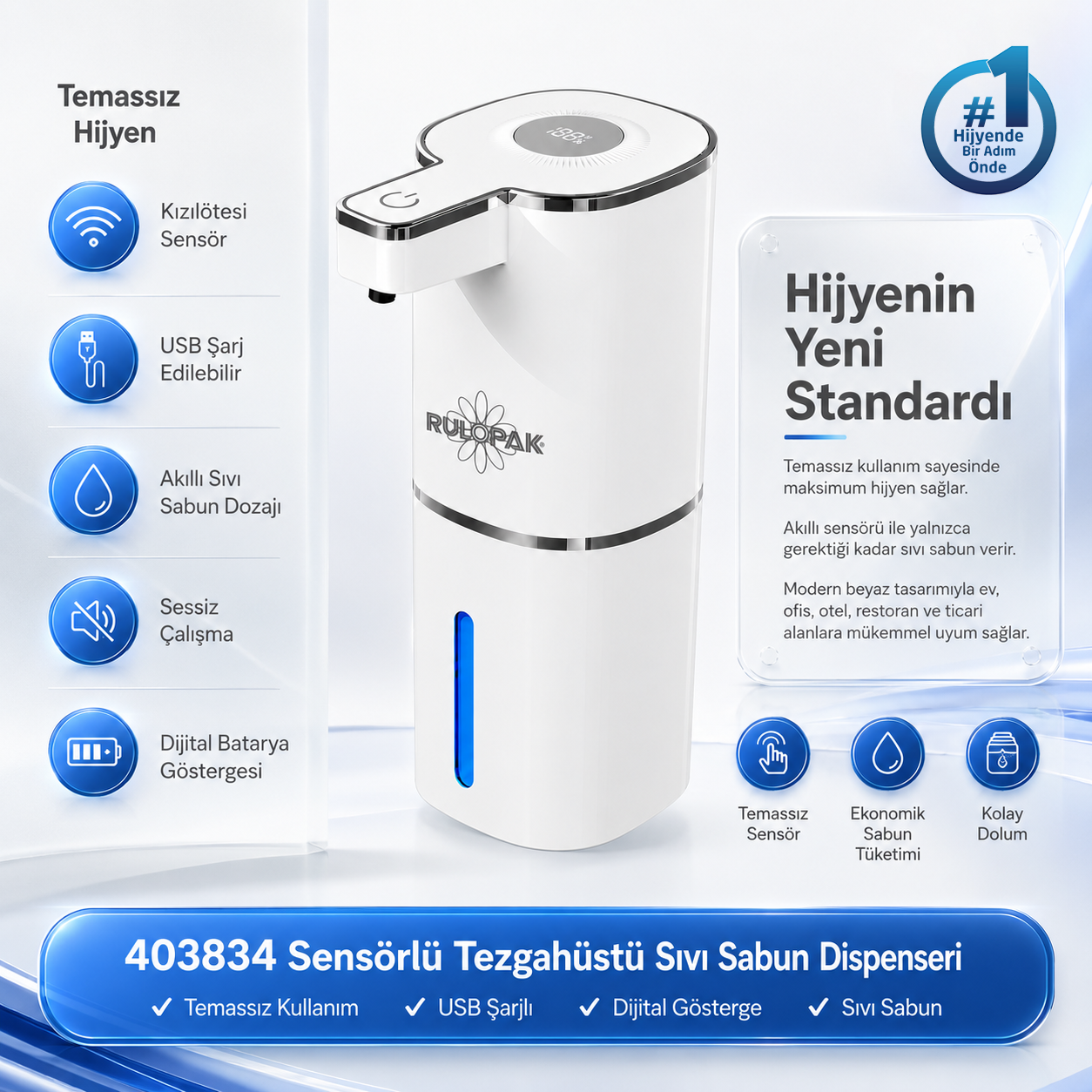 403834 Sensörlü Tezgahüstü Sıvı Sabun Dispenseri Beyaz