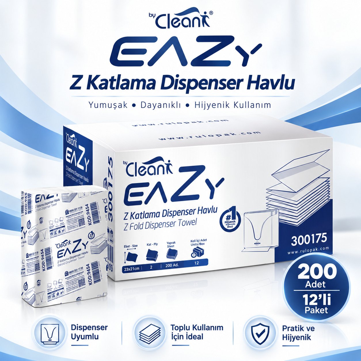 Rulopak By Clean Eazy Z Katlama Havlu Kağıt 200 Yaprak 12Li Paket