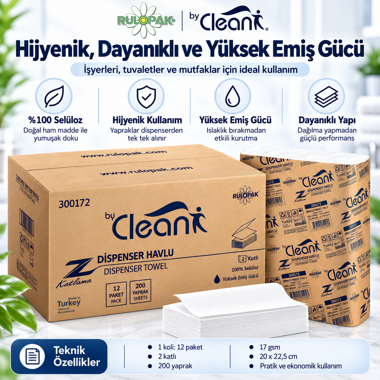 Rulopak By Clean Z Katlama Havlu Kağıt 2 Katlı 200 Yaprak 12Li Paket
