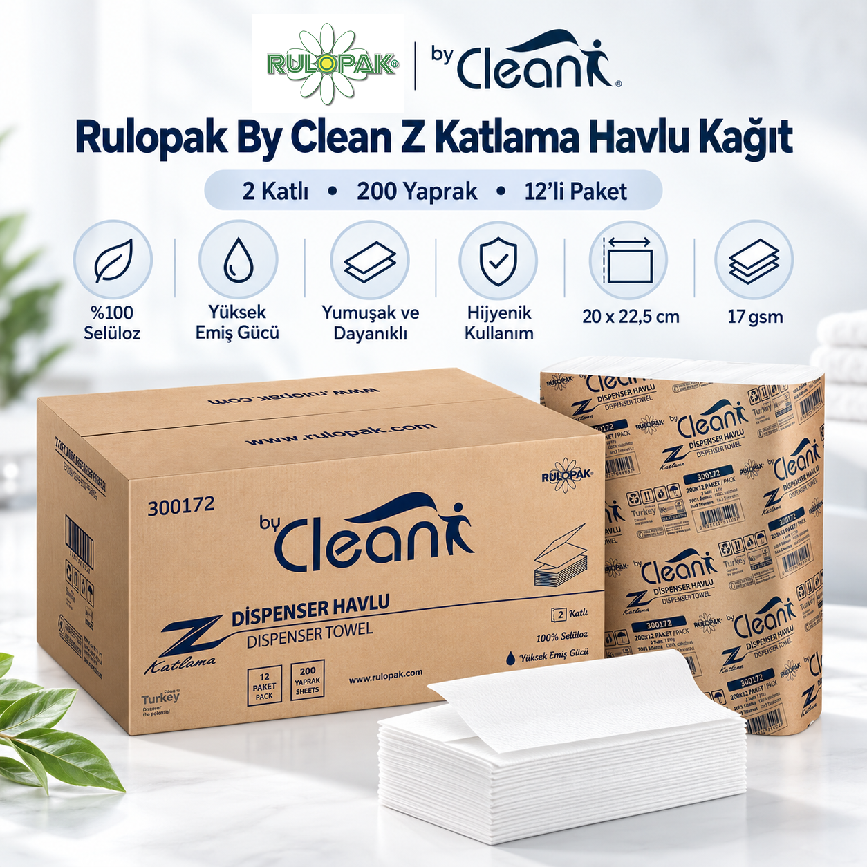 Rulopak By Clean Z Katlama Havlu Kağıt 2 Katlı 200 Yaprak 12Li Paket