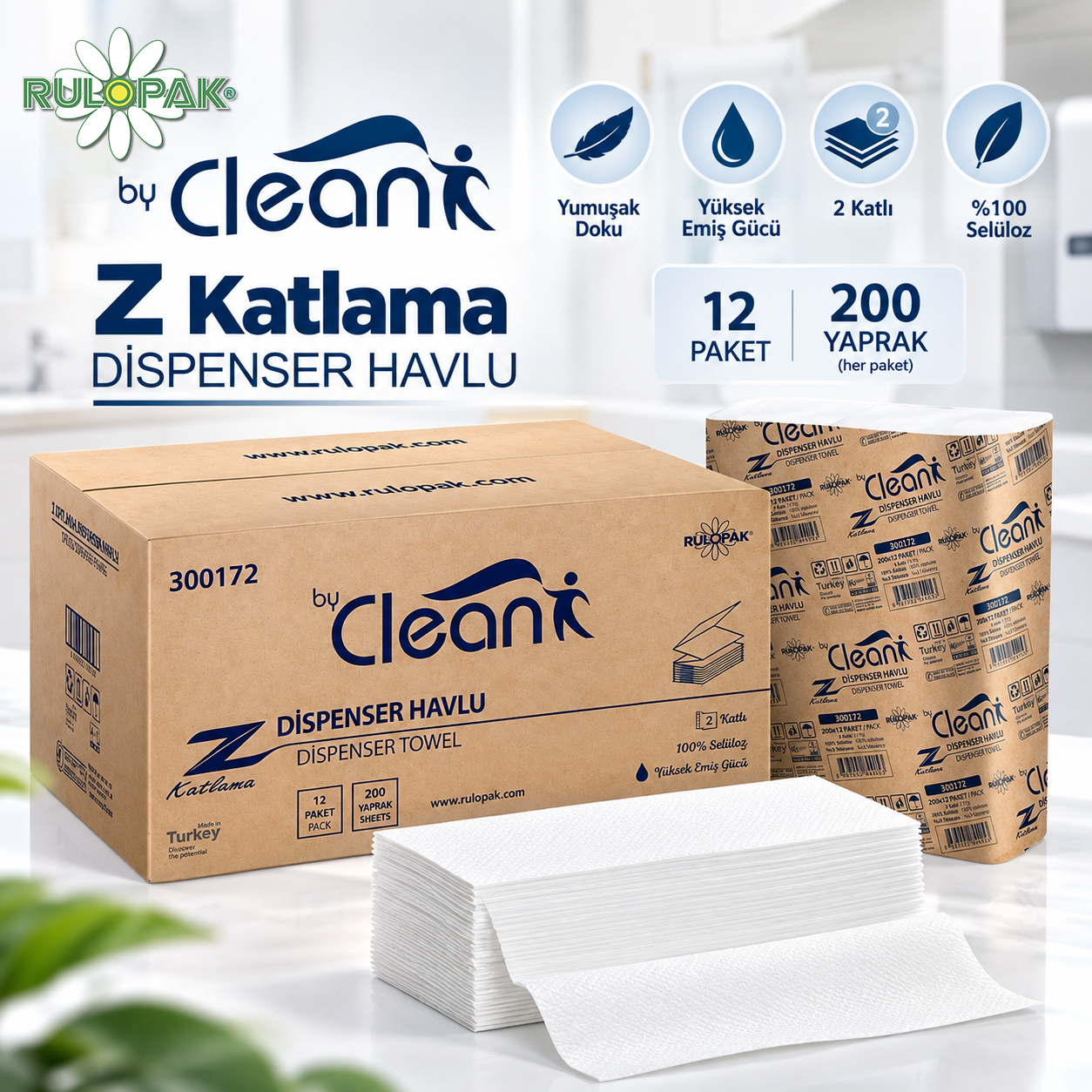 Rulopak By Clean Z Katlama Havlu Kağıt 2 Katlı 200 Yaprak 12Li Paket
