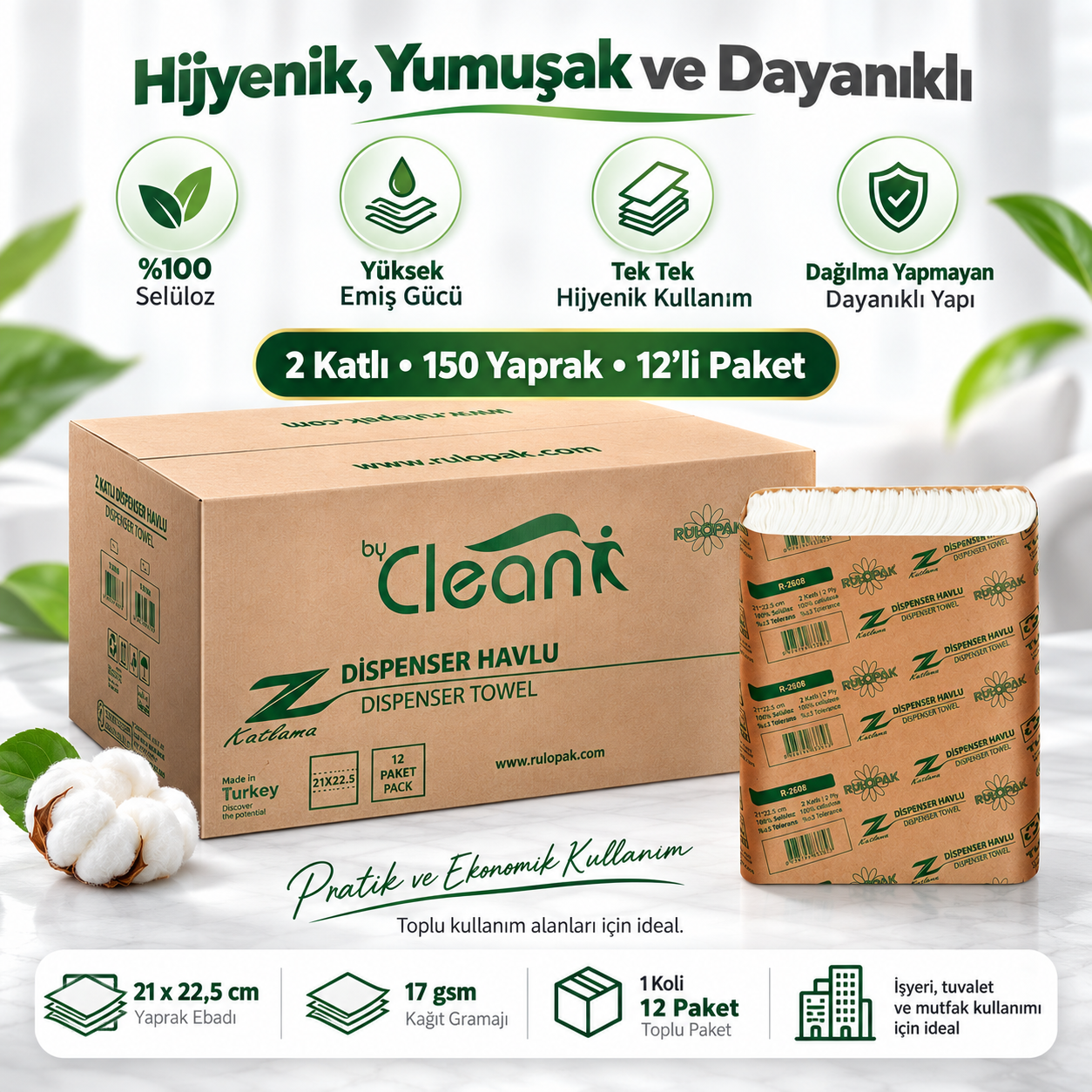 Rulopak By Clean Z Katlama Havlu Kağıt 2 Katlı 150 Yaprak 12Li Paket
