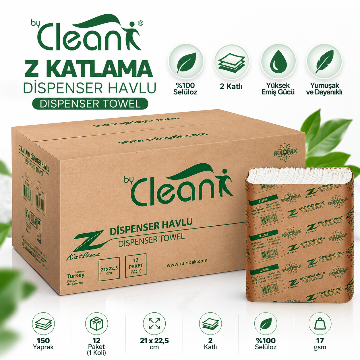 Rulopak By Clean Z Katlama Havlu Kağıt 2 Katlı 150 Yaprak 12Li Paket