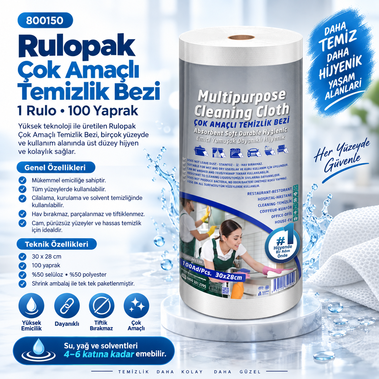 Rulopak Çok Amaçlı Temizlik Bezi 1 Rulo 100 Yaprak 