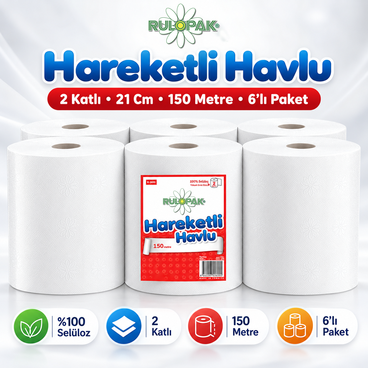 Rulopak Hareketli Havlu 2 Katlı 21 Cm 150 Metre 6Lı Paket