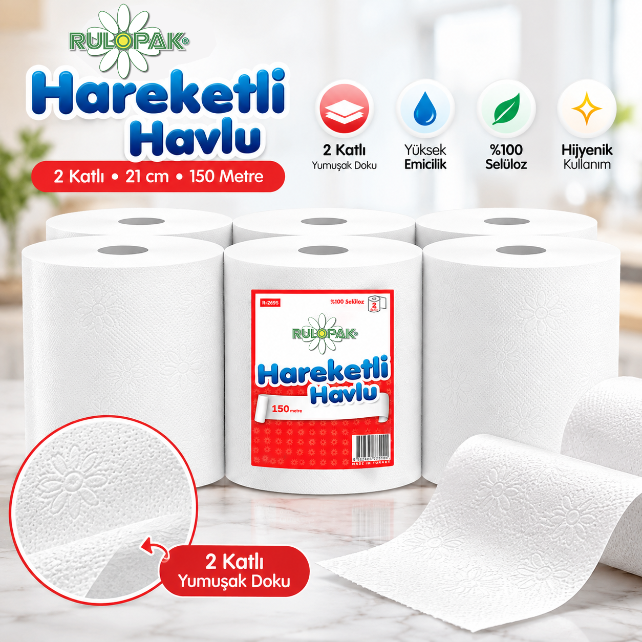 Rulopak Hareketli Havlu 2 Katlı 21 Cm 150 Metre 6Lı Paket