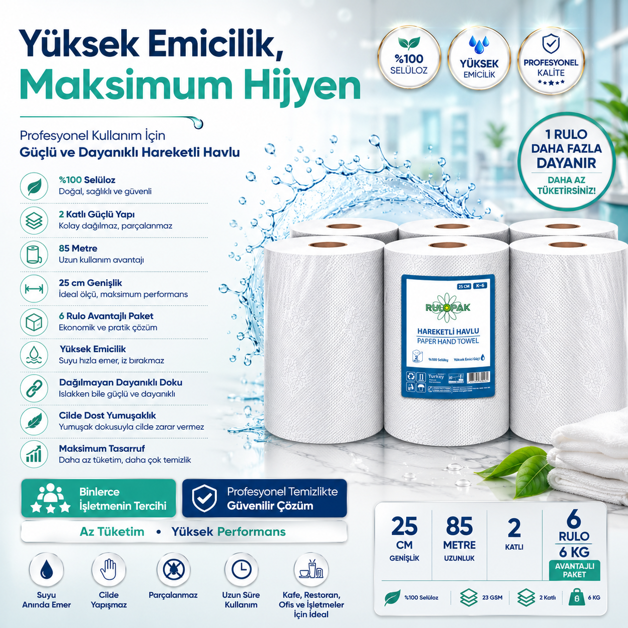 Rulopak Hareketli Havlu 25 Cm 85 Mt 6Lı Paket 6 Kg