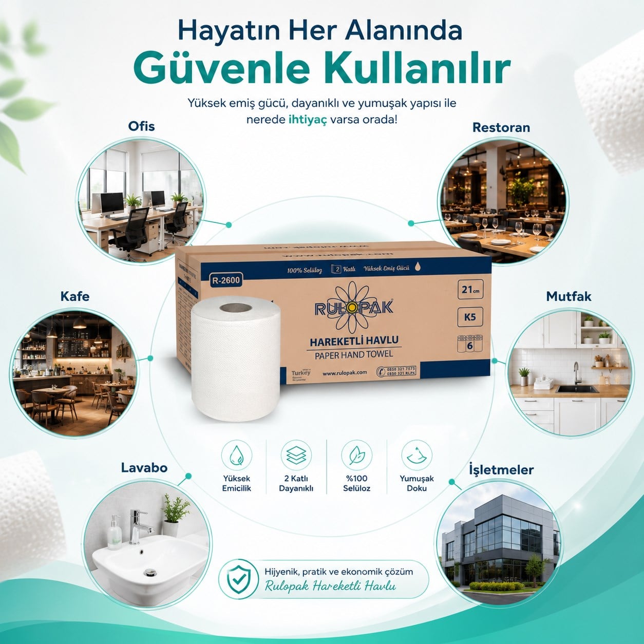 Rulopak Hareketli Kağıt Havlu 2 Katlı 21 Cm 80M 6Lı Paket 5 Kg