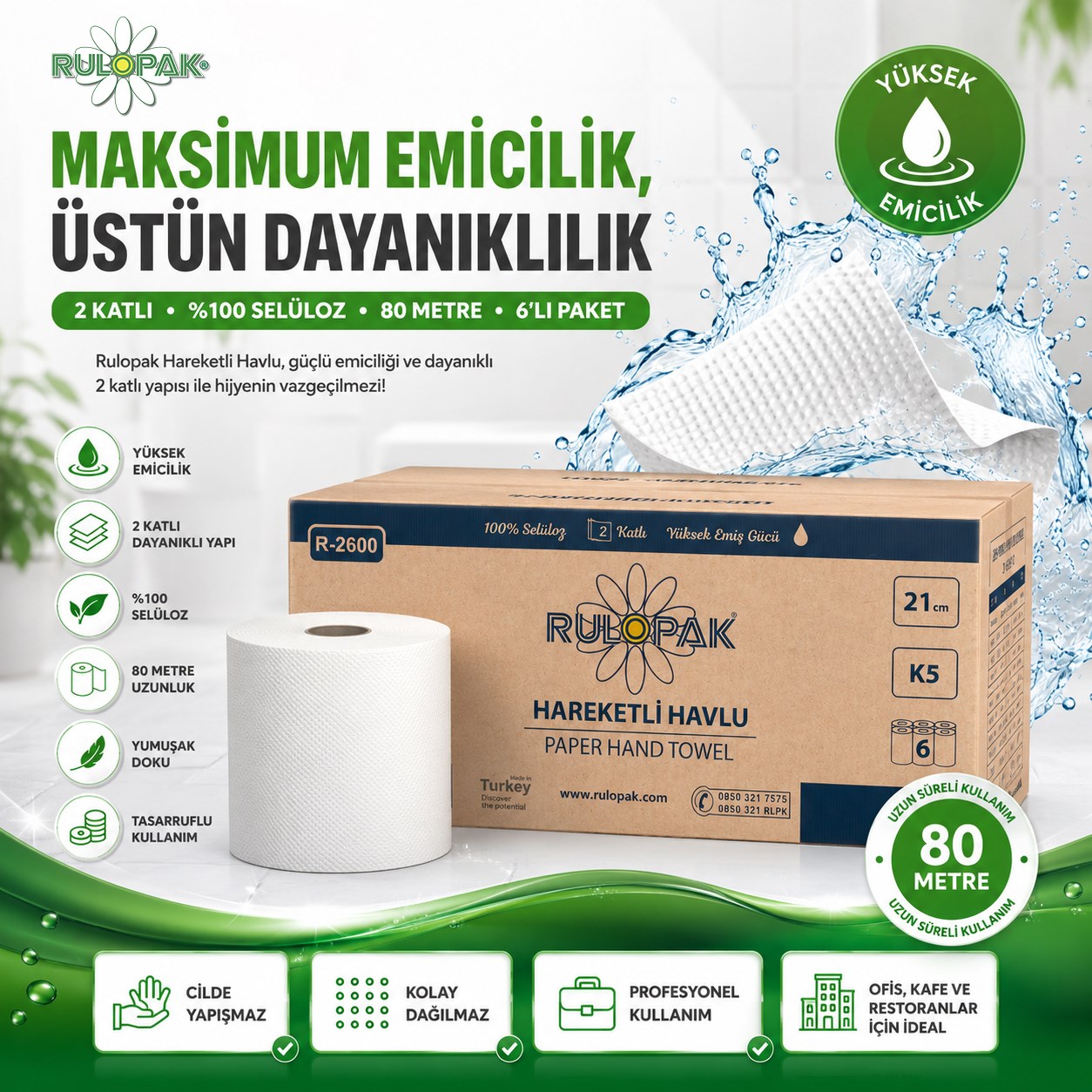 Rulopak Hareketli Kağıt Havlu 2 Katlı 21 Cm 80M 6Lı Paket 5 Kg