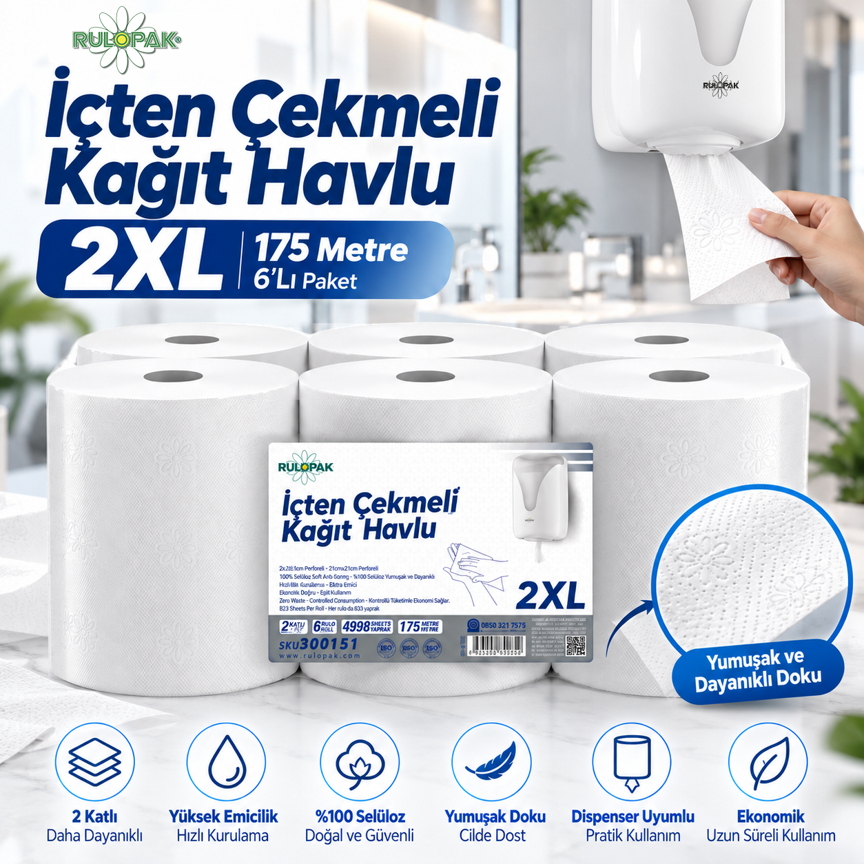 Rulopak İçten Çekmeli Kağıt Havlu 2XL 175M 6Lı Paket