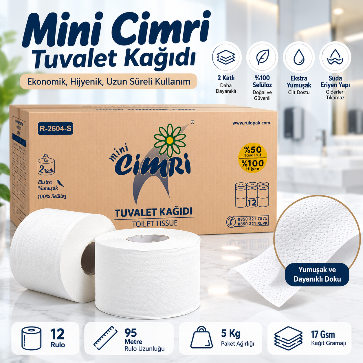 Rulopak Mini Cimri Tuvalet Kağıdı 2 Katlı 5 Kg