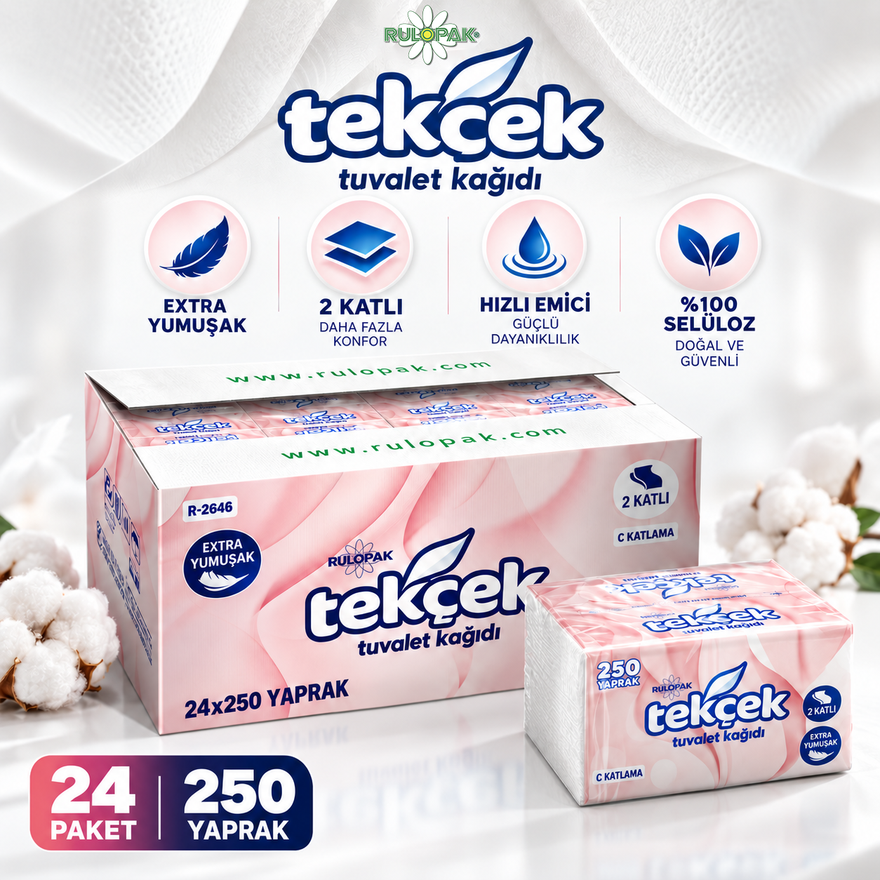 Rulopak Tekçek Tuvalet Kağıdı 2 Katlı 250 Yaprak 24Lü Paket
