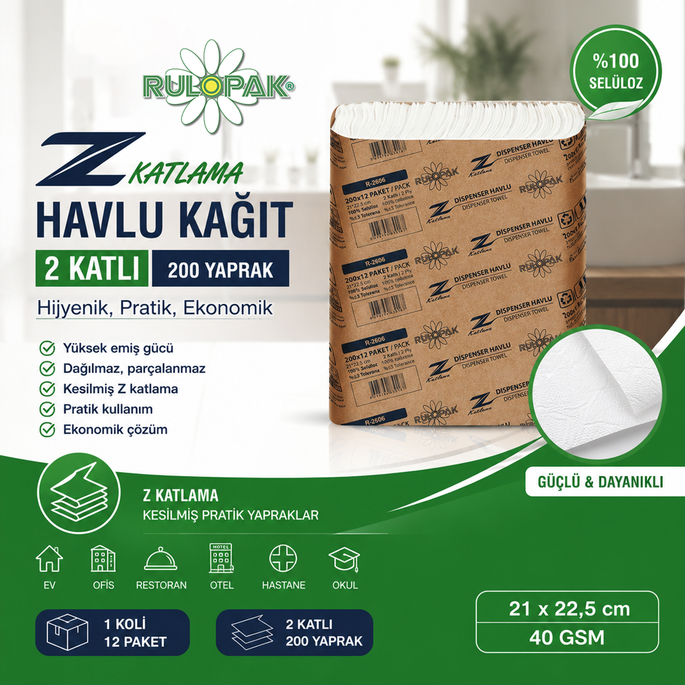 Rulopak Z Katlama Havlu Kağıt 2 Katlı 200 Yaprak 12Li Paket