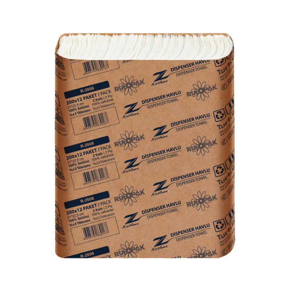 Rulopak Z Katlama Havlu Kağıt 2 Katlı 200 Yaprak 12'li Paket