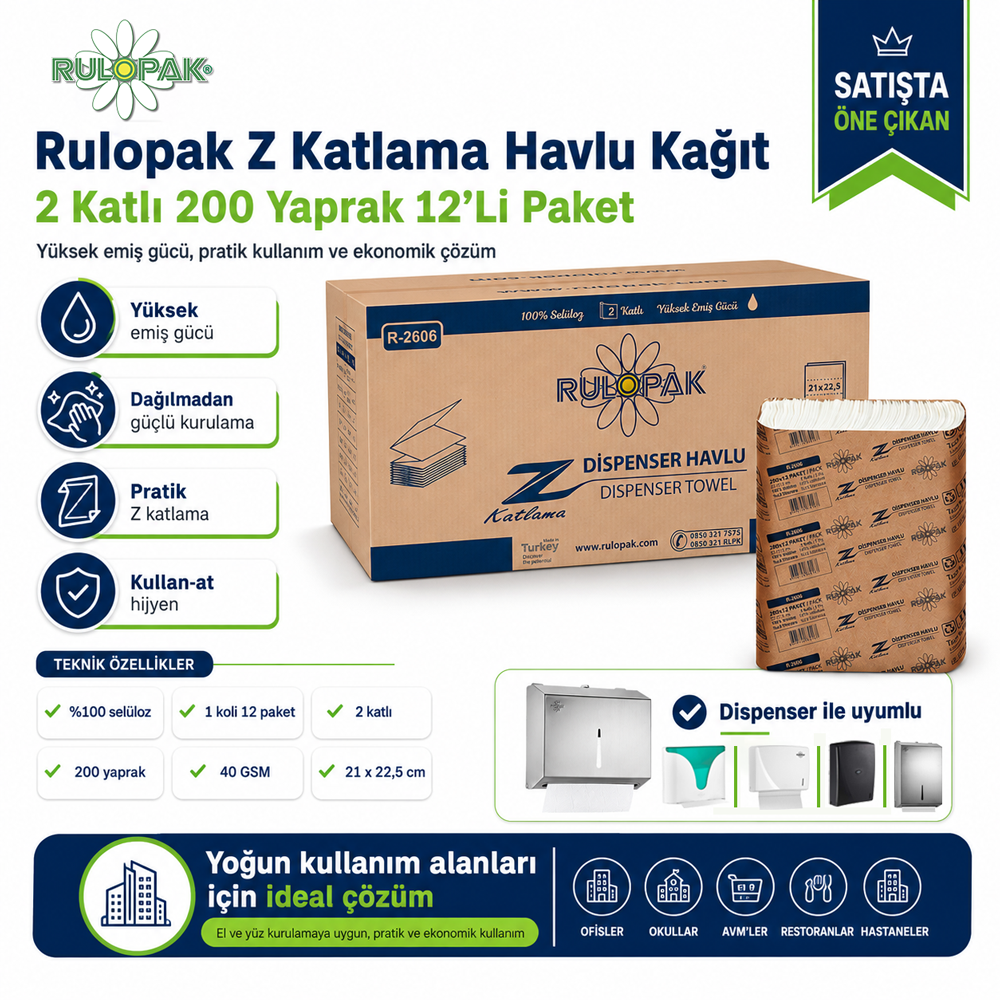 Rulopak Z Katlama Havlu Kağıt 2 Katlı 200 Yaprak 12Li Paket