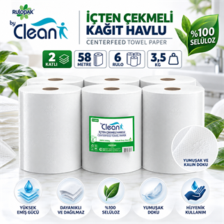 Rulopak By Clean İçten Çekmeli Kağıt Havlu 2 Katlı  58M 6Lı Paket 3,5 Kg