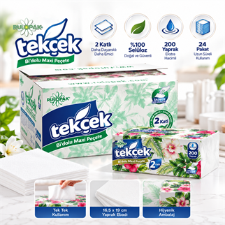 Rulopak Tekçek BiDolu Maxi Peçete 2 Katlı 200 Yaprak 24Lü Paket