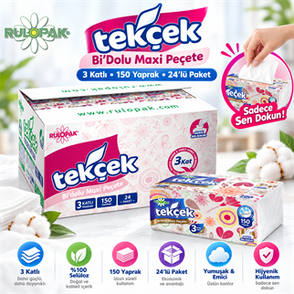 Rulopak Tekçek BiDolu Maxi Peçete 3 Katlı 150 Yaprak 24Lü Paket
