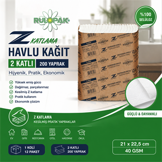 Rulopak Z Katlama Havlu Kağıt 2 Katlı 200 Yaprak 12Li Paket