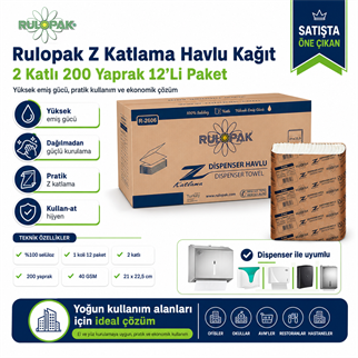Rulopak Z Katlama Havlu Kağıt 2 Katlı 200 Yaprak 12Li Paket