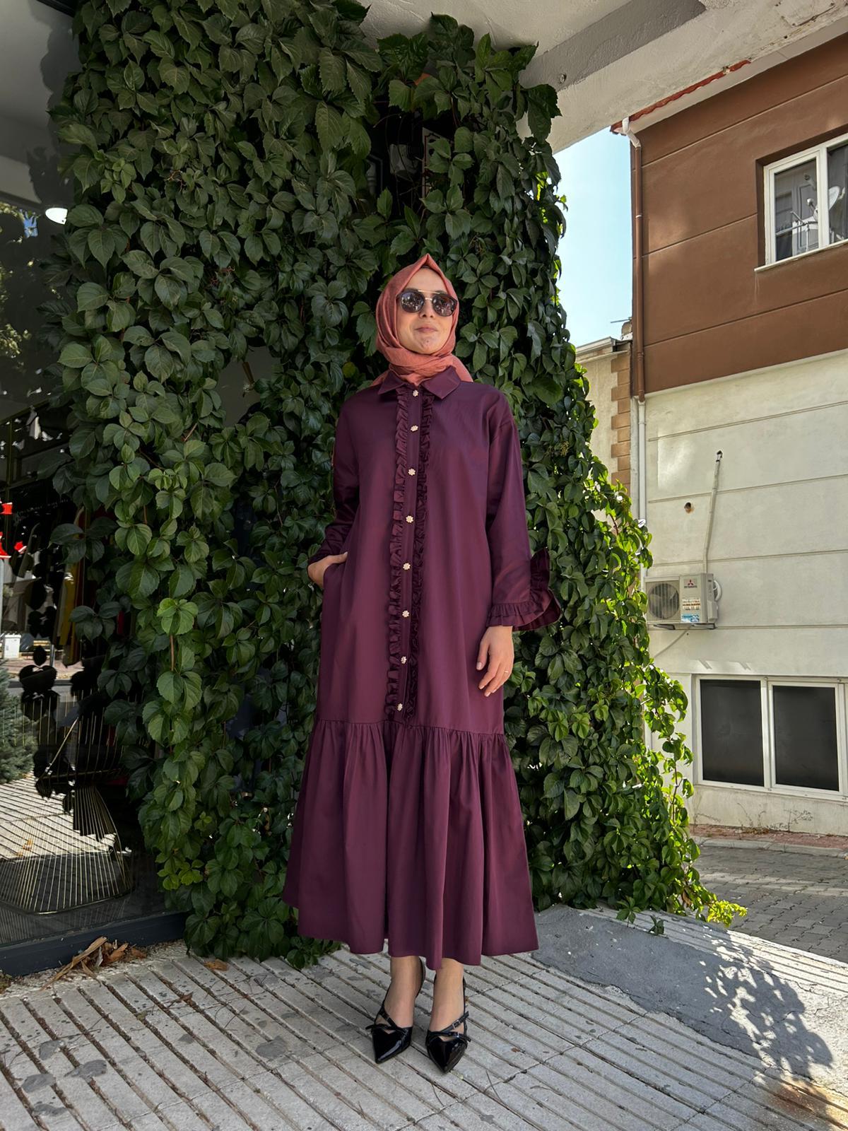 GHISA FIRFIR DETAYLI BORDO ELBİSE 4074