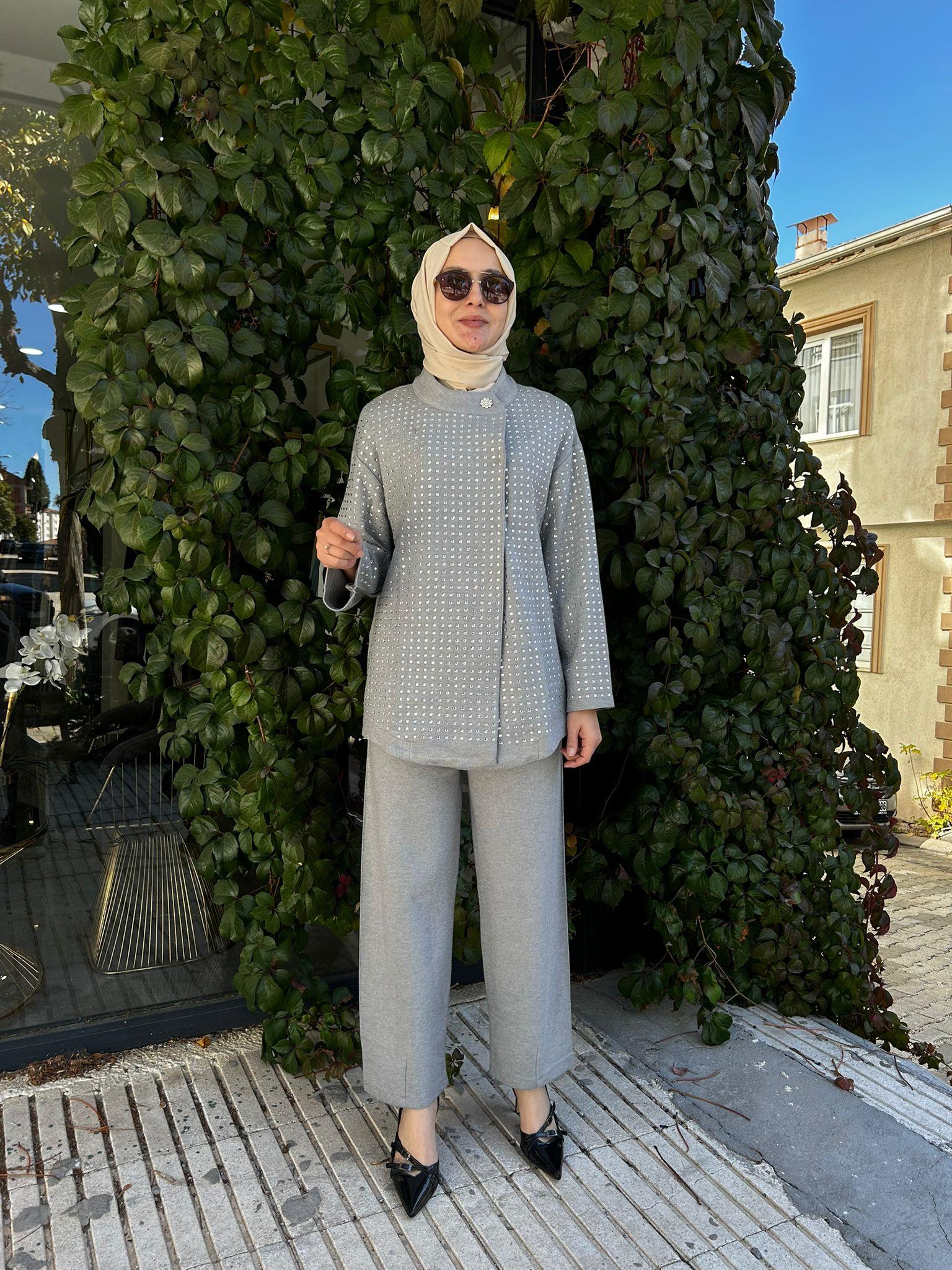 GHISA TAŞ DETAYLI TRİKO TAKIM GRİ 3988