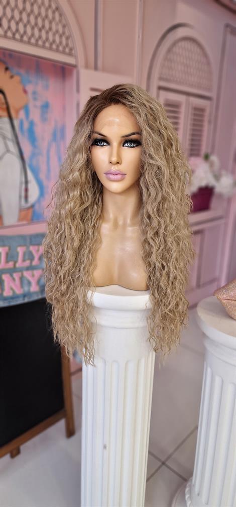 LOLLY PONY Afro Blond 80 cm Kore Fiber Sentetik Ön Tül Peruk 