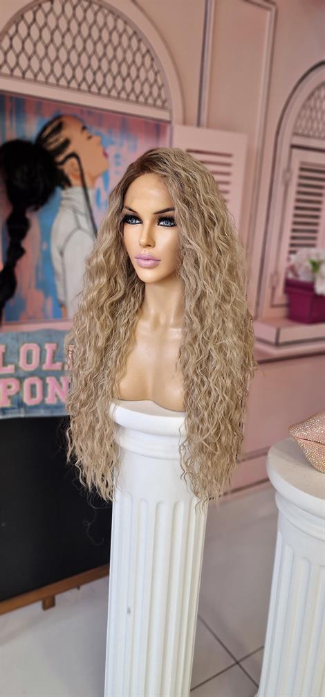 LOLLY PONY Afro Blond 80 cm Kore Fiber Sentetik Ön Tül Peruk 