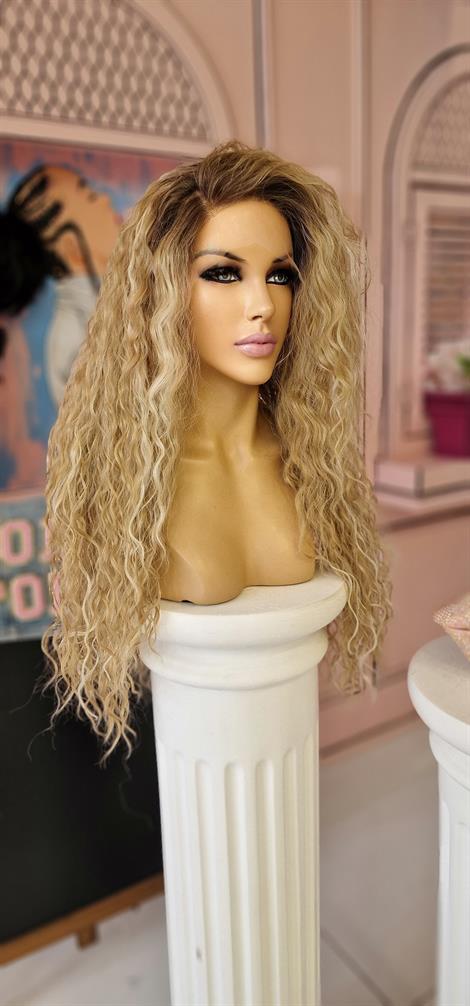 LOLLY PONY Afro Dip Boyalı Sarı Kore Fiber Sentetik Ön Tül Peruk
