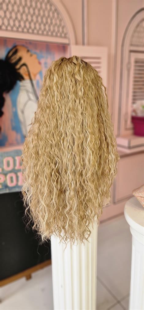 LOLLY PONY Afro Dip Boyalı Sarı Röfle 75 cm Kore Fiber Sentetik Ön Tül Peruk