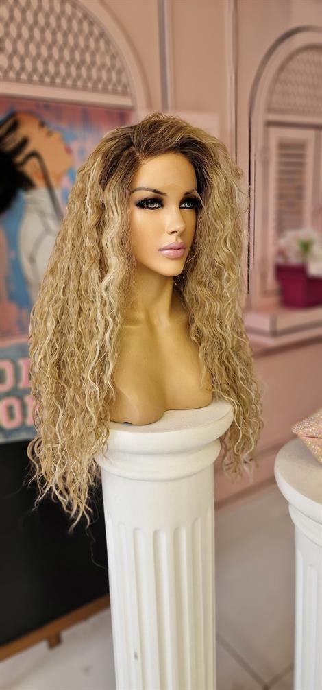 LOLLY PONY Afro Dip Boyalı Sarı Röfle 75 cm Kore Fiber Sentetik Ön Tül Peruk