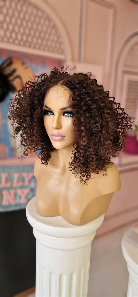 LOLLY PONY Afro Kahve Röfleli 40cm Kore Fiber Sentetik Ön Tül Peruk