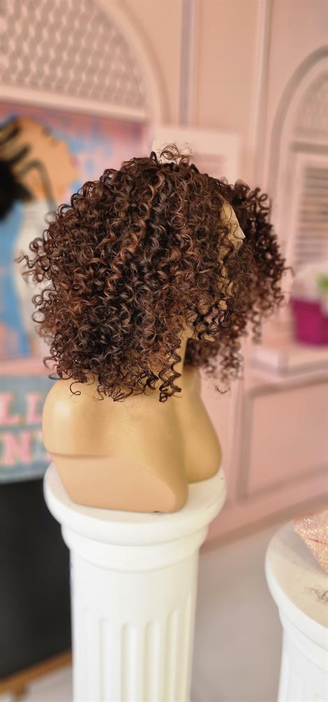 LOLLY PONY Afro Kahve Röfleli 40cm Kore Fiber Sentetik Ön Tül Peruk