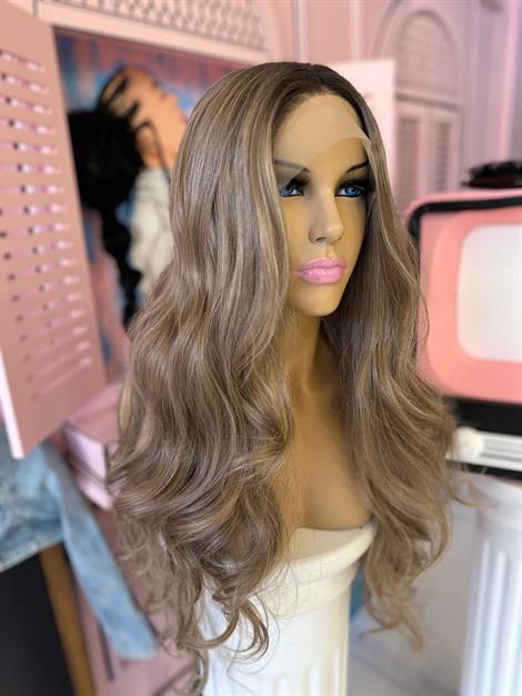 LOLLY PONY Dalgalı Dip Boyalı Bej Sarı 80 cm Kore Fiber Sentetik Ön Tül Peruk