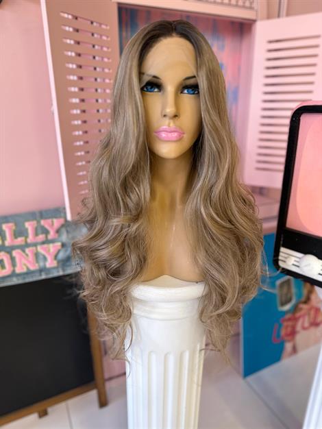 LOLLY PONY Dalgalı Dip Boyalı Bej Sarı 80 cm Kore Fiber Sentetik Ön Tül Peruk