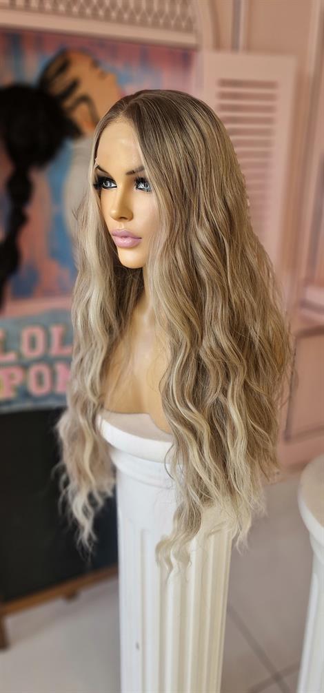 LOLLY  PONY Dalgalı Dip Boyalı Sarı Şeritli 75 cm Kore Fiber Sentetik Ön Tül Peruk