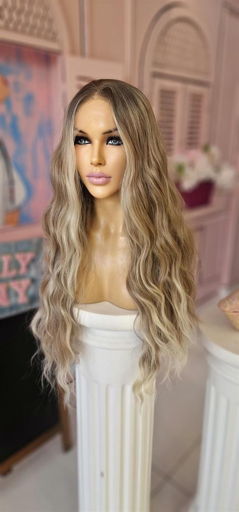 LOLLY  PONY Dalgalı Dip Boyalı Sarı Şeritli 75 cm Kore Fiber Sentetik Ön Tül Peruk