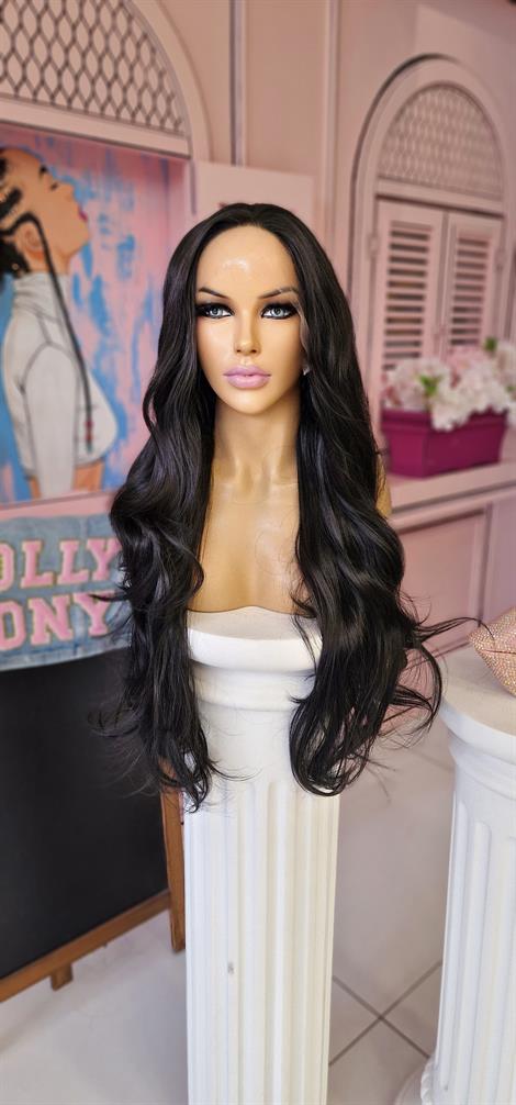 LOLLY PONY Dalgalı Doğal Siyah 80cm Kore Fiber Sentetik Ön Tül Peruk
