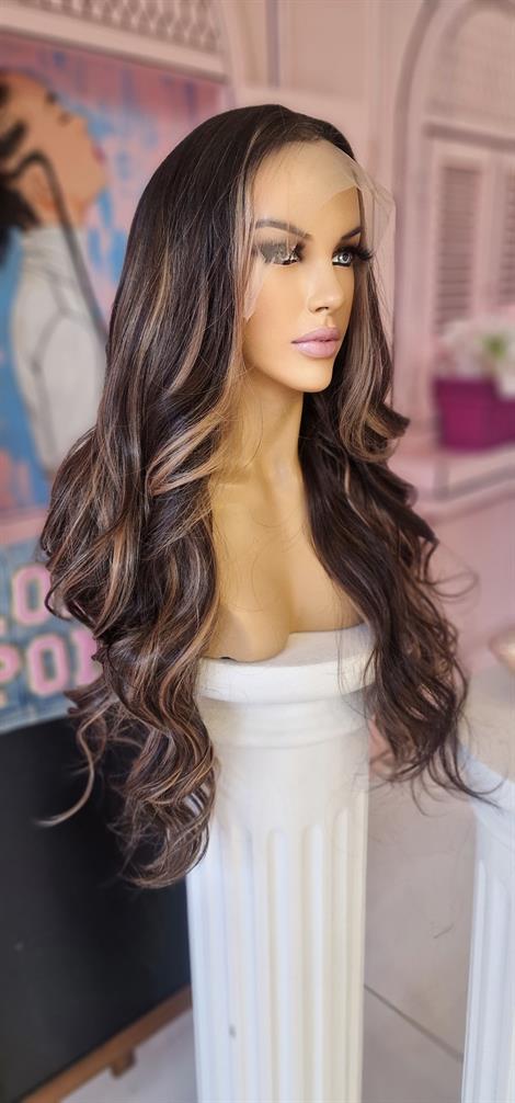 LOLLY PONY Dalgalı Dip Siyah Bal Rengi Işıltılı 80 cm Kore Fiber Sentetik Ön Tül Peruk