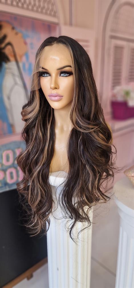 LOLLY PONY Dalgalı Dip Siyah Bal Rengi Işıltılı 80 cm Kore Fiber Sentetik Ön Tül Peruk