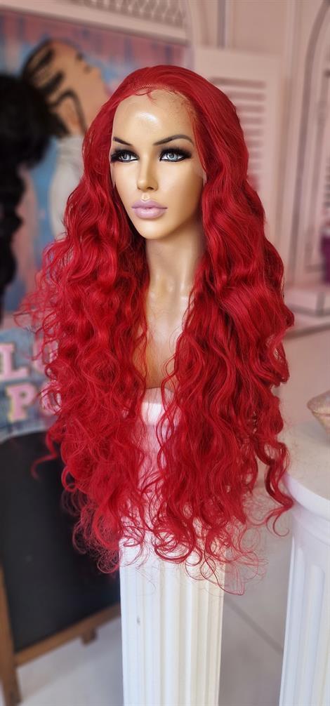 LOLLY PONY Dalgalı Kırmızı 85 cm Kore Fiber Sentetik Ön Tül Peruk
