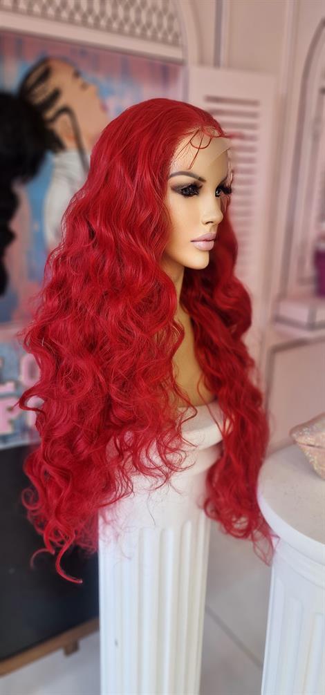 LOLLY PONY Dalgalı Kırmızı 85 cm Kore Fiber Sentetik Ön Tül Peruk