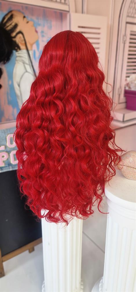 LOLLY PONY Dalgalı Kırmızı 85 cm Kore Fiber Sentetik Ön Tül Peruk