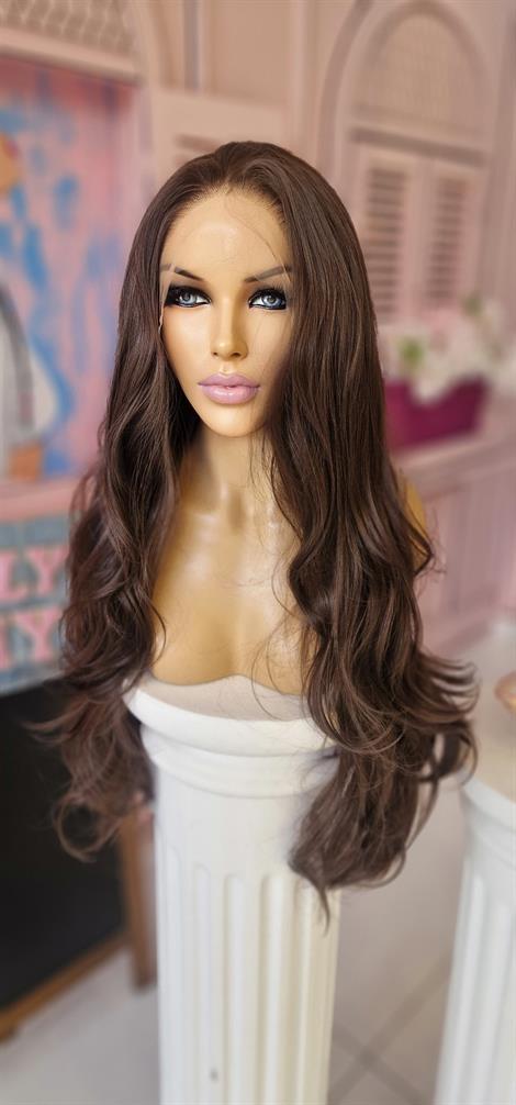 LOLLY PONY Dalgalı Koyu Kumral 80cm Kore Fiber Sentetik Ön Tül Peruk