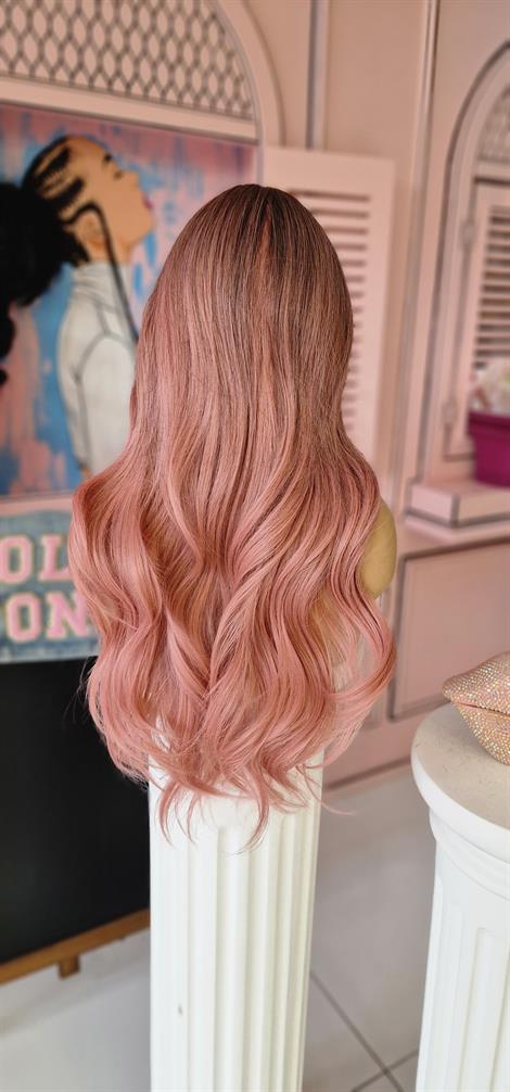 LOLLY PONY Dalgalı Perçemli Dip Boyalı 75 cm Pembe Kore Fiber Sentetik Peruk