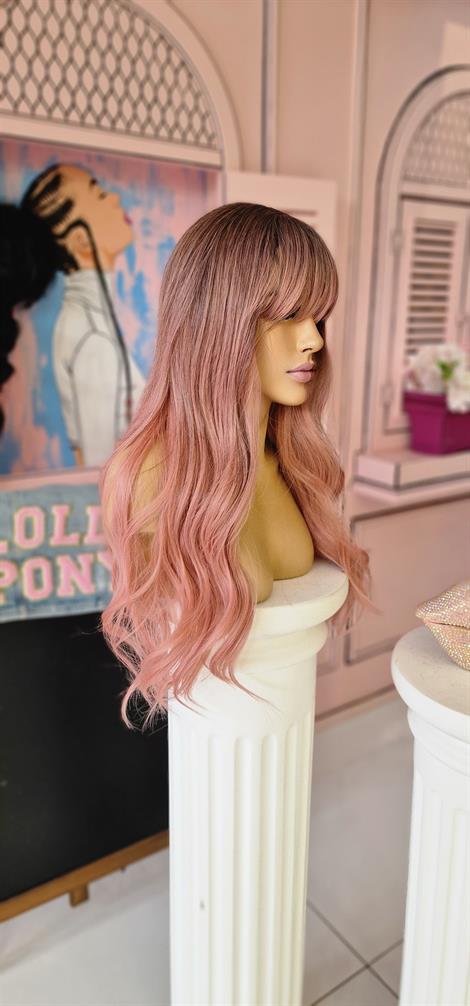 LOLLY PONY Dalgalı Perçemli Dip Boyalı 75 cm Pembe Kore Fiber Sentetik Peruk