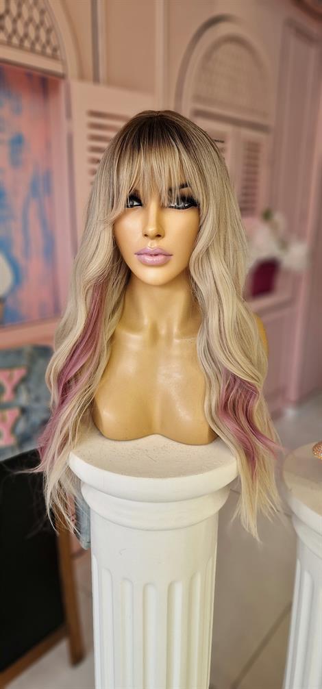 LOLLY PONY Dalgalı Perçemli Dip Boyalı Platin Pembe Şeritli 60cm Kore Fiber Peruk