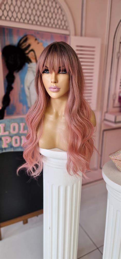 LOLLY PONY Dalgalı Perçemli Dip Boyalı 75 cm Pembe Kore Fiber Sentetik Peruk