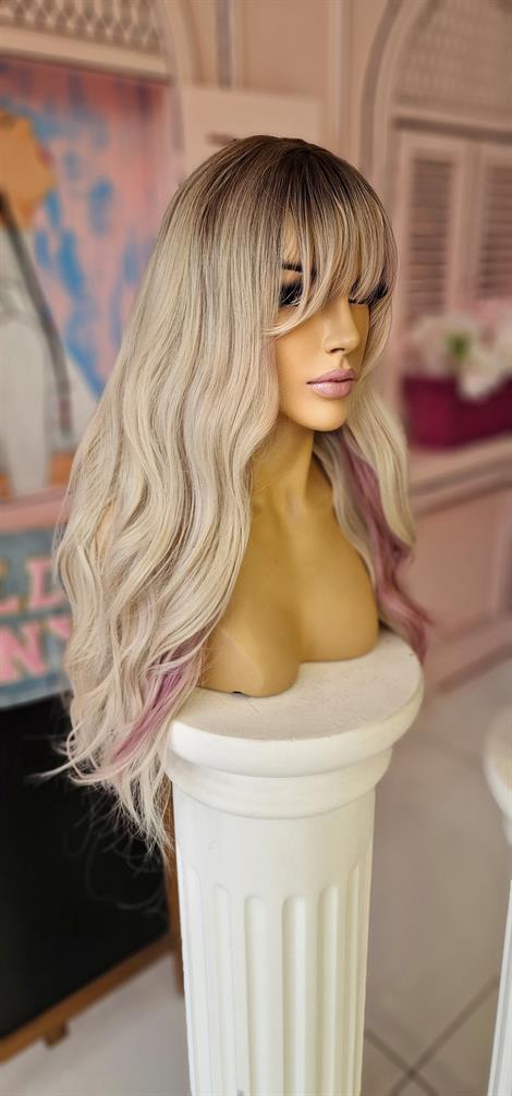 LOLLY PONY Dalgalı Perçemli Dip Boyalı Platin Pembe Şeritli 60cm Kore Fiber Peruk