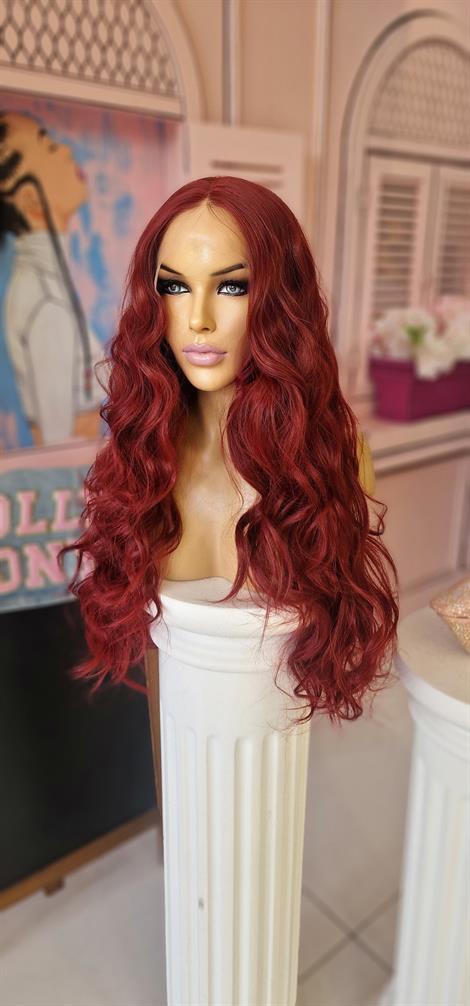 LOLLY PONY Dalgalı Şarap Rengi 75 cm Kore Fiber Sentetik Ön Tül Peruk